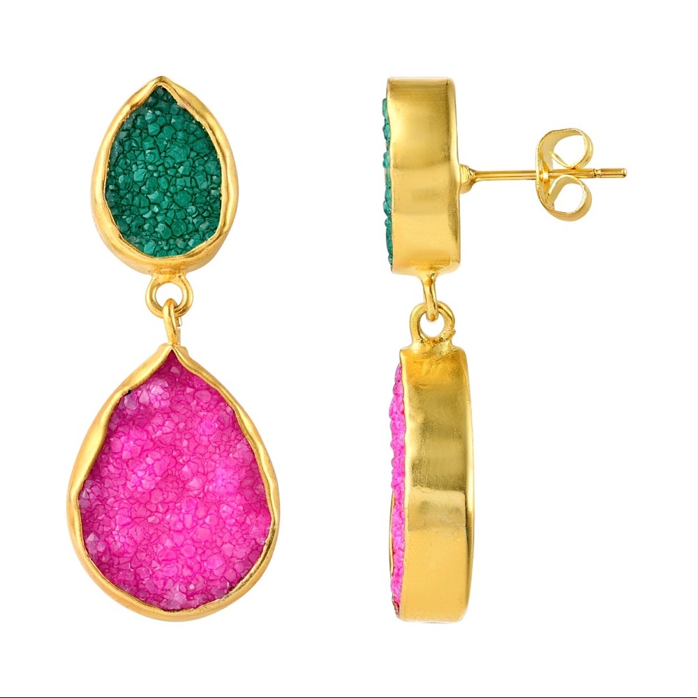 Pink and Green Druzzy Gold Drop Earrings